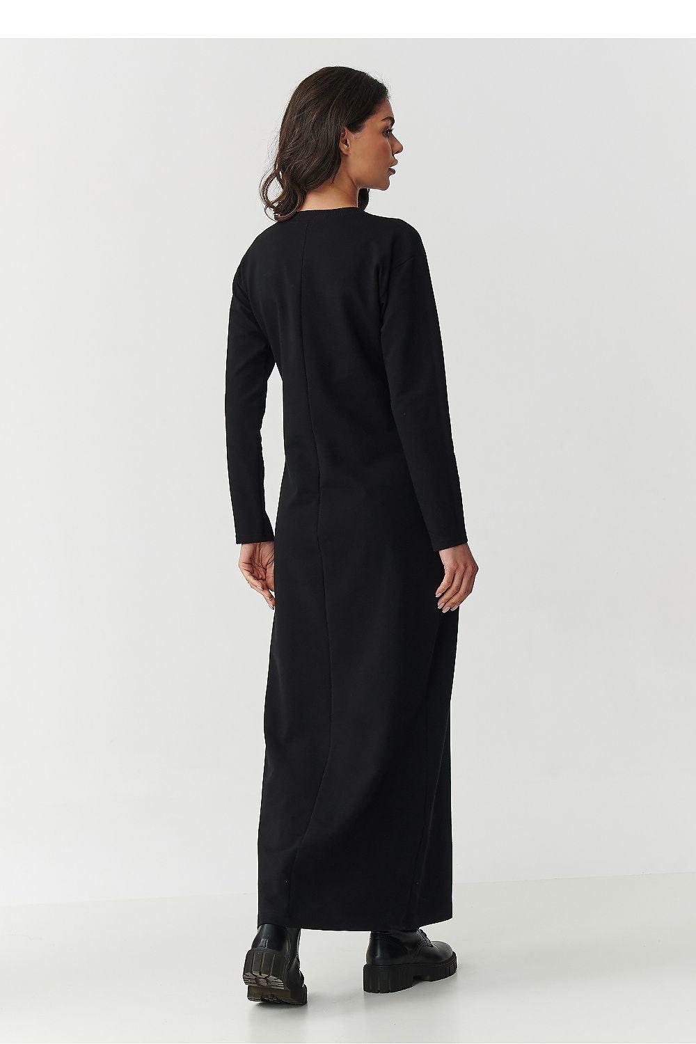 Black long-sleeve daydress with round neck, midi length, back view
