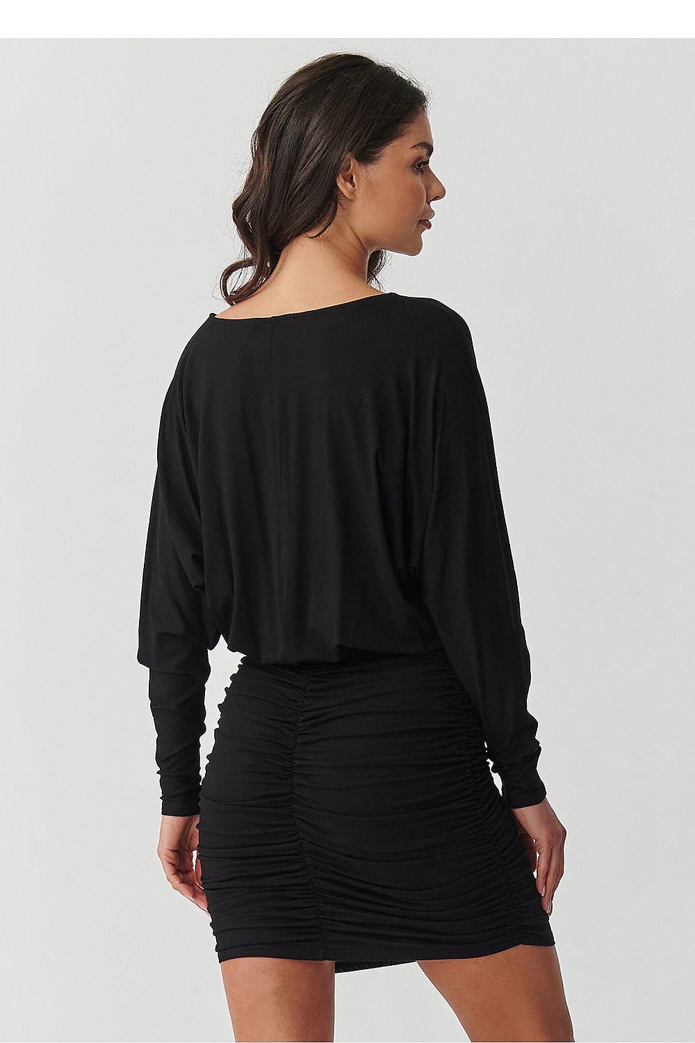 Black ruched long-sleeve daydress with scooped back and gathered skirt