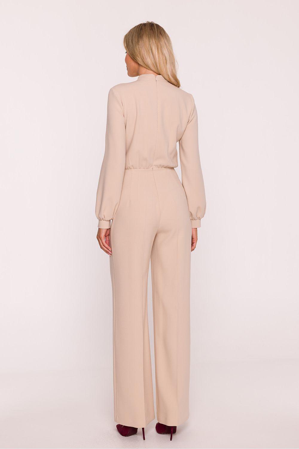 Beige long-sleeve suit with wide-leg pants, shown from the back