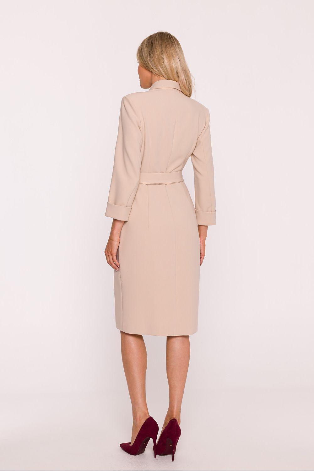 Daydress model 217277 Stylove beige back view, long sleeves, belted waist, knee length