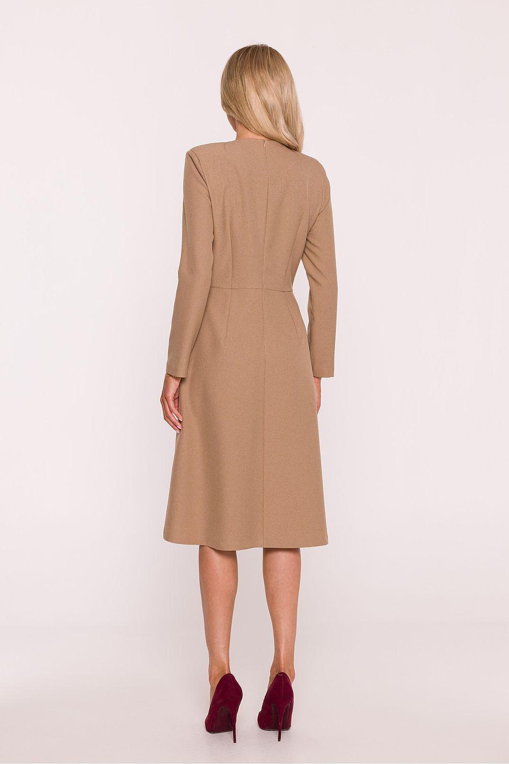 Beige daydress with long sleeves and waist seam, back view