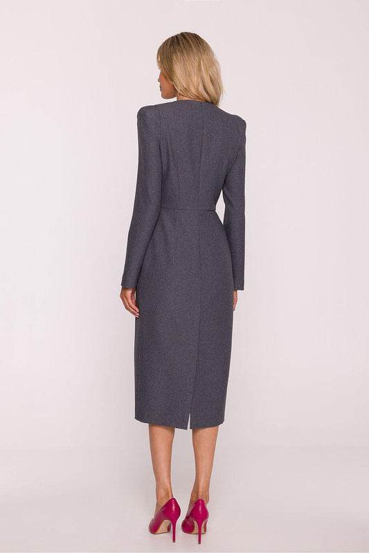 Dark gray long-sleeve pencil day dress with back yoke and center vent