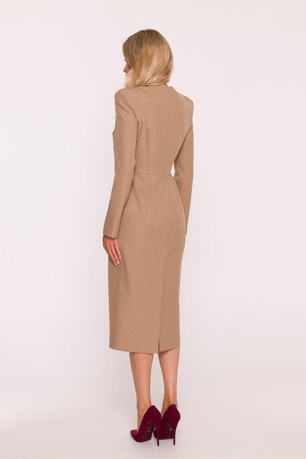 Beige long-sleeve fitted midi daydress with round neckline, back view