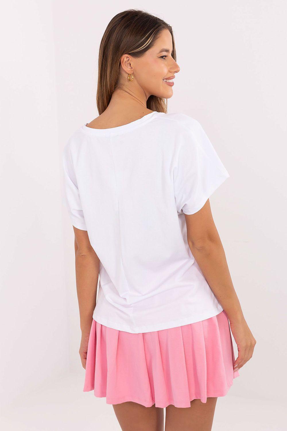 White graphic T-shirt and pink pleated mini skirt set, back view