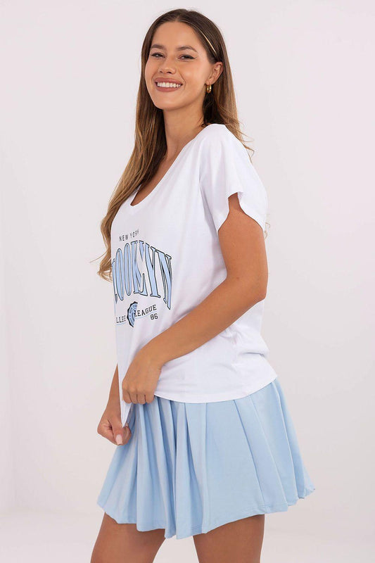 White graphic T-shirt with short sleeves and light blue pleated mini skirt set