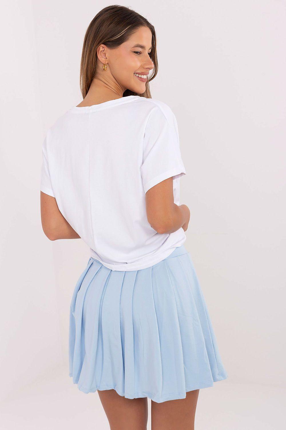 Back view: white T-shirt and light blue pleated mini skirt two-piece set