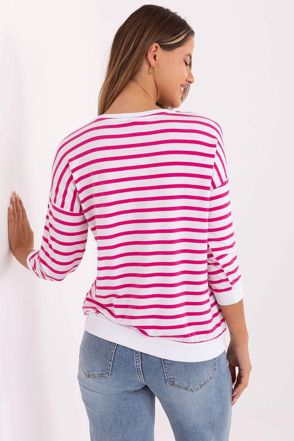 Pink-and-white striped blouse, long sleeves, scoop back, curved hem