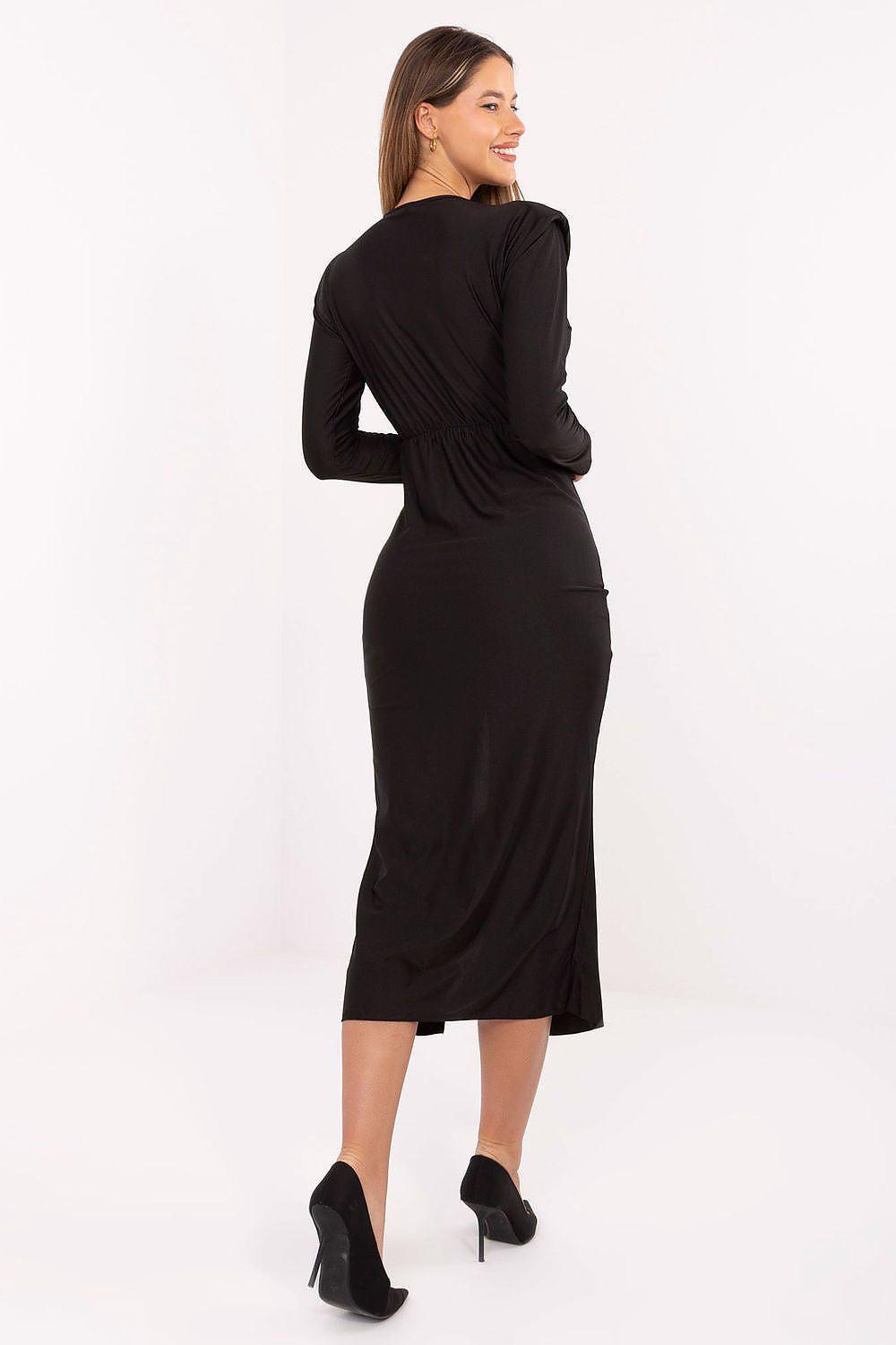 Black evening dress with long sleeves and back drape, midi length, side slit
