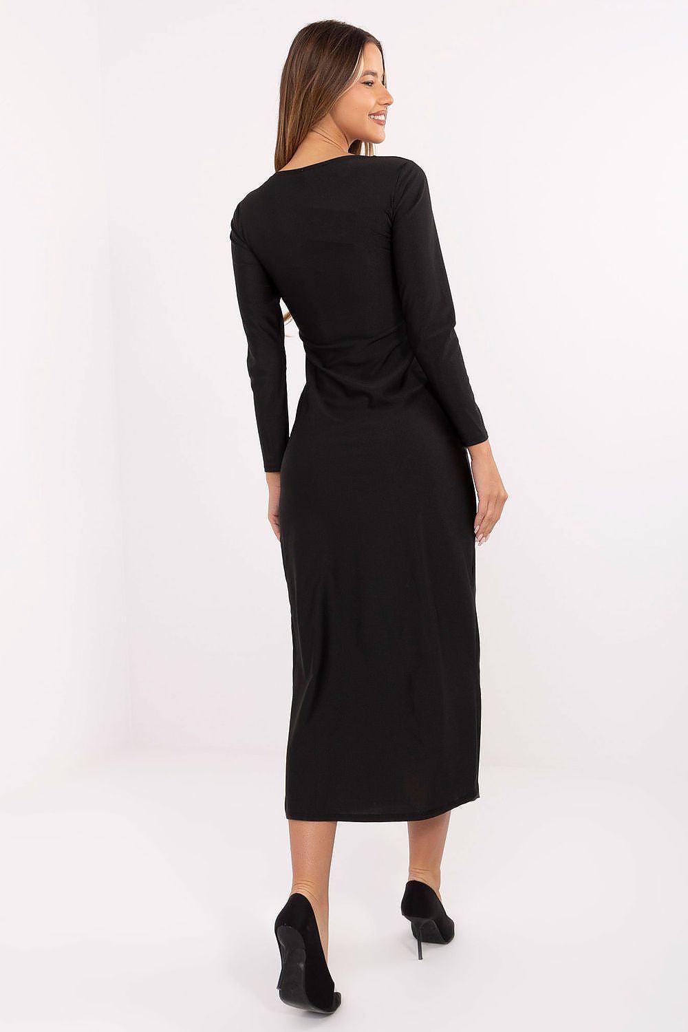 Black long-sleeve evening dress, back view, midi length with slit