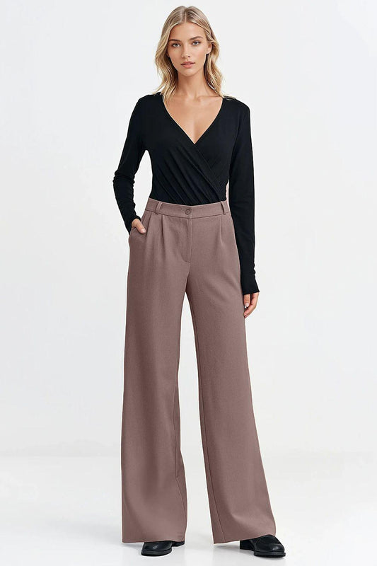 Brown wide-leg trousers with front crease, button waist and belt loops