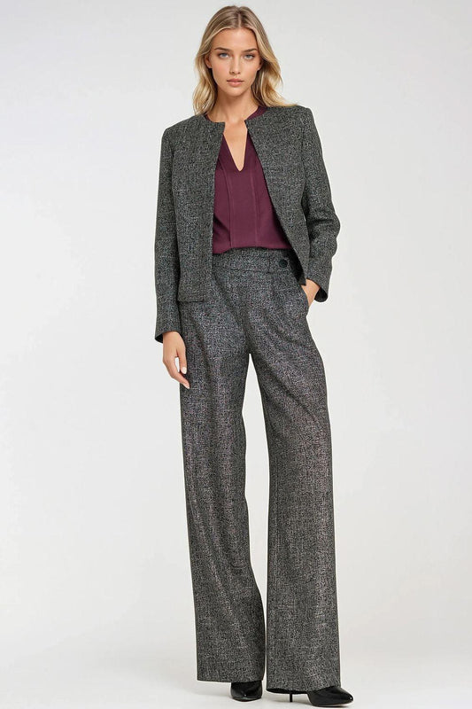 Women’s boxy textured melange jacket with open front, long sleeves, dark gray.