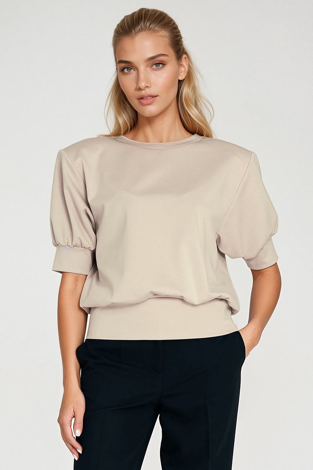 Beige oversized gathered short-sleeve blouse with crew neck, front view