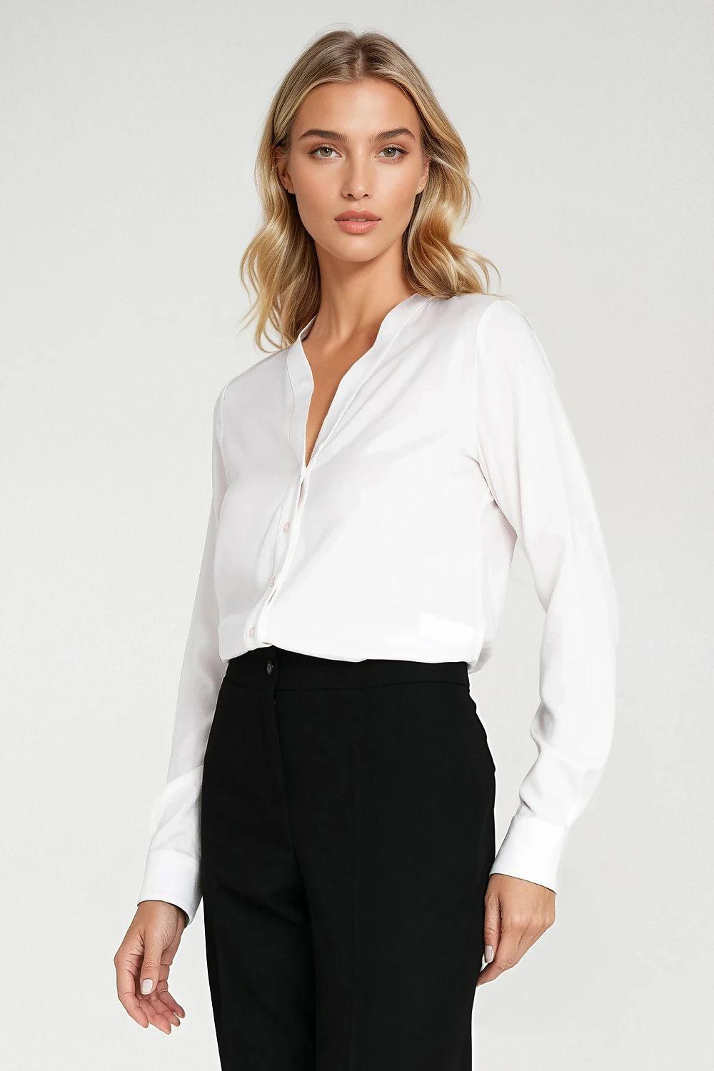 Nife long sleeve shirt with V-neck and button front, white, straight hem