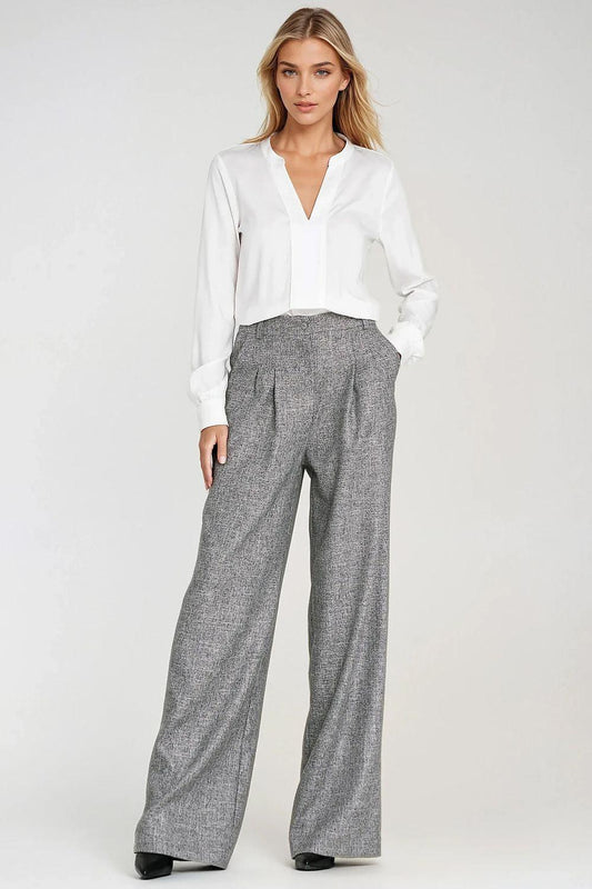 Dark grey wide-leg trousers with side pockets, full length