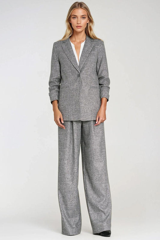 Women’s grey melange blazer jacket with notched lapels and patch pockets; long sleeves