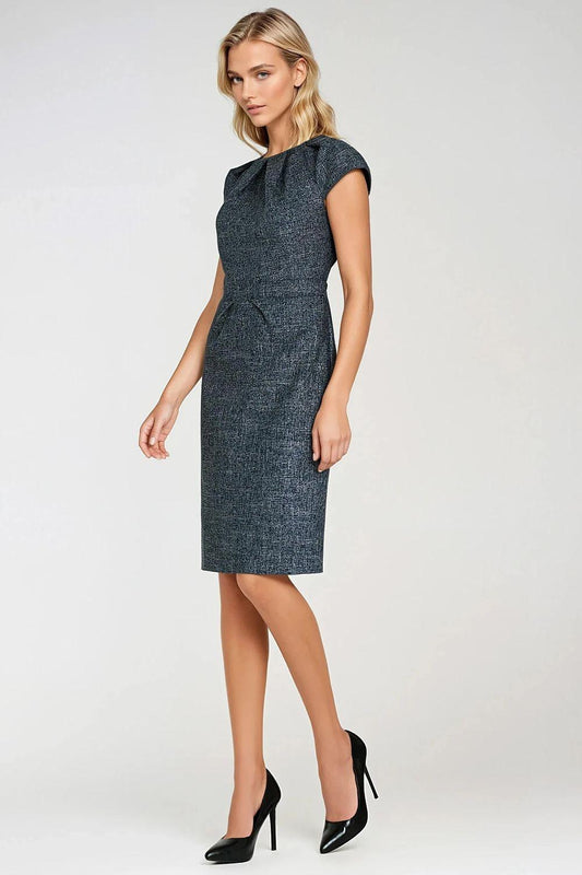 Mélange daydress with cap sleeves and round neckline, side view.