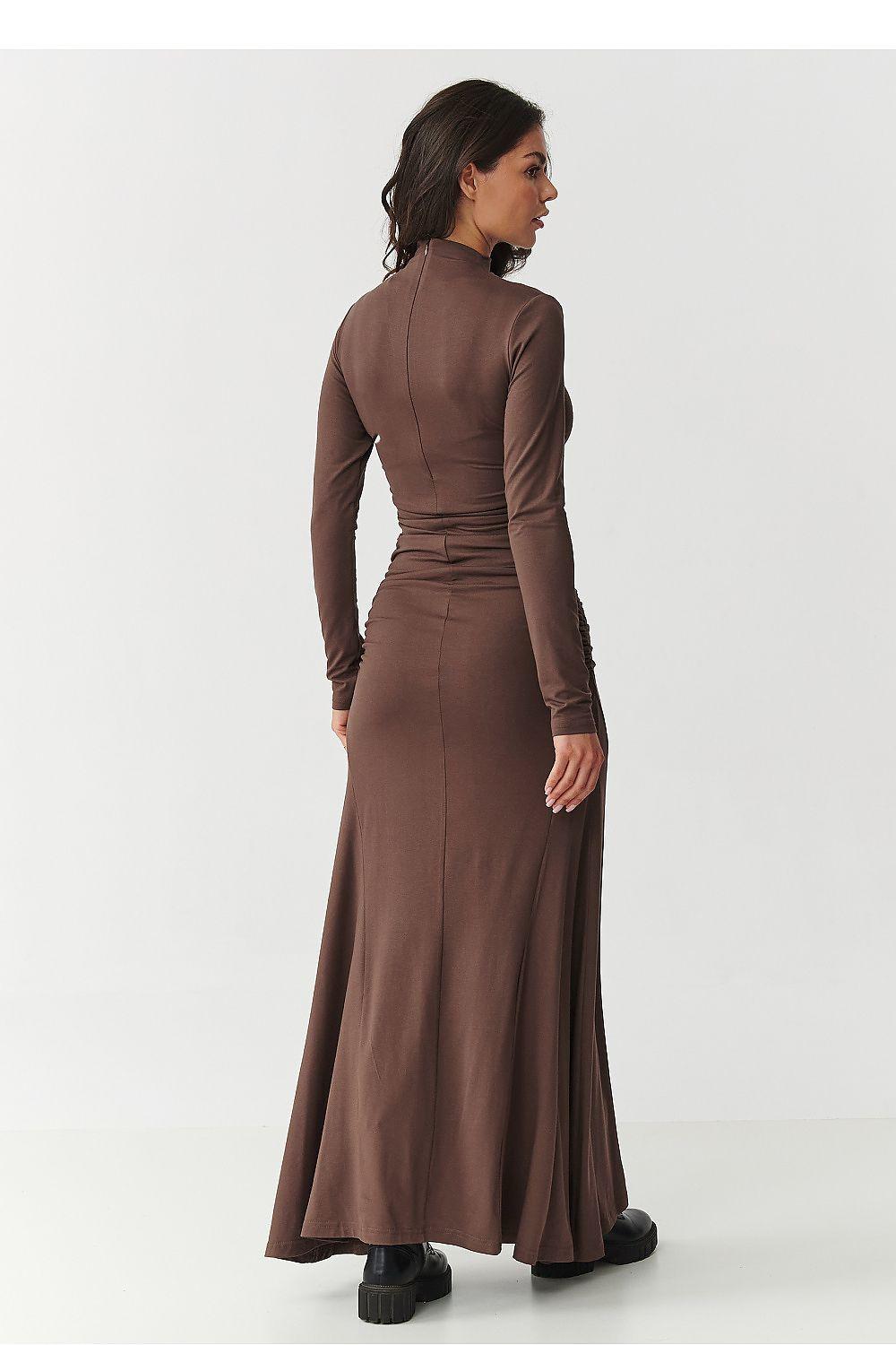 Brown long-sleeve maxi daydress, high back, gathered waist, straight hem