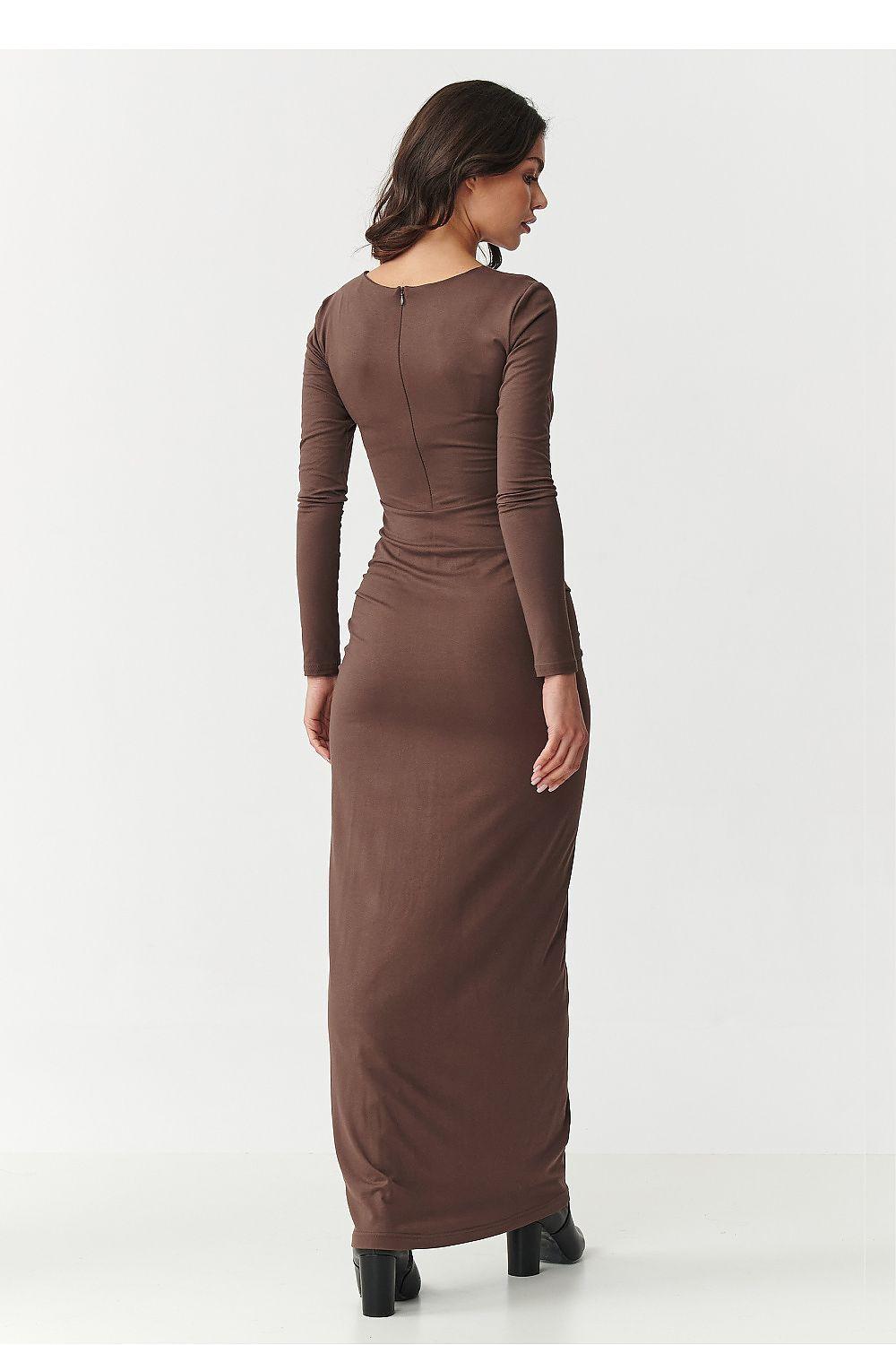 Brown ruched maxi day dress with long sleeves and round neckline, back view.