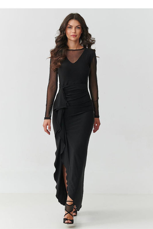 Black maxi dress with V-neck, ruched waist, sheer sleeves, draped skirt with slit