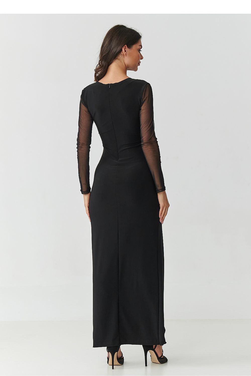 Black long dress with sheer sleeves and fitted back, straight maxi skirt