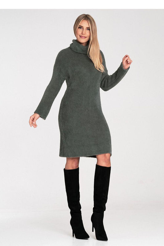 Green fluffy knit turtleneck dress with long sleeves and fitted silhouette