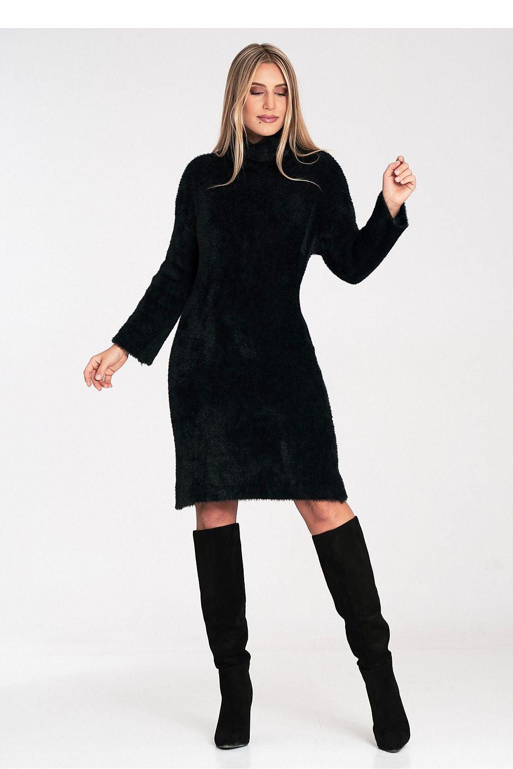 Figl daydress, black long-sleeve front view with high neckline and mini length.