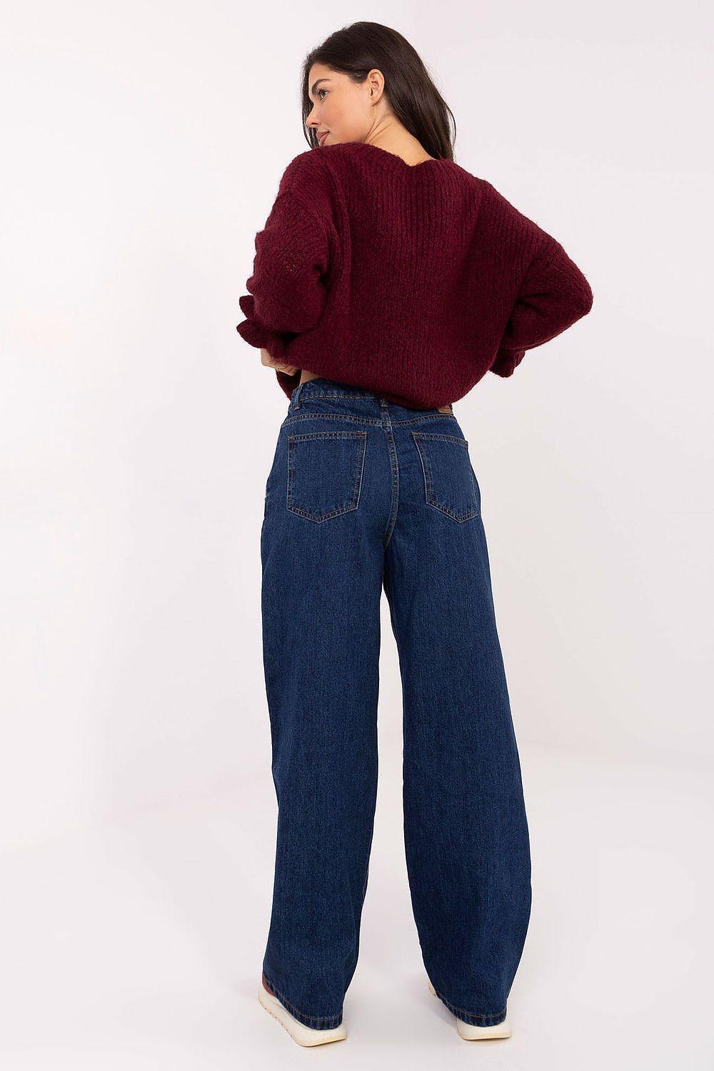 Dark blue wide-leg jeans, back view with yoke and rear pockets