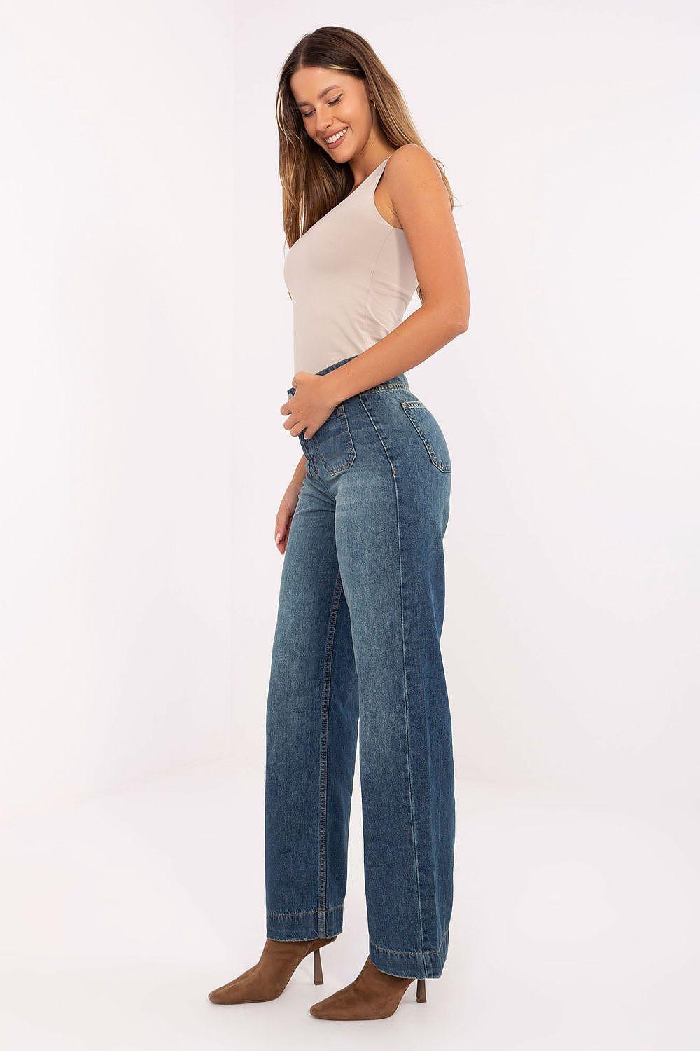 Blue denim jeans, side view, wide straight legs with belt loops and front zip fly