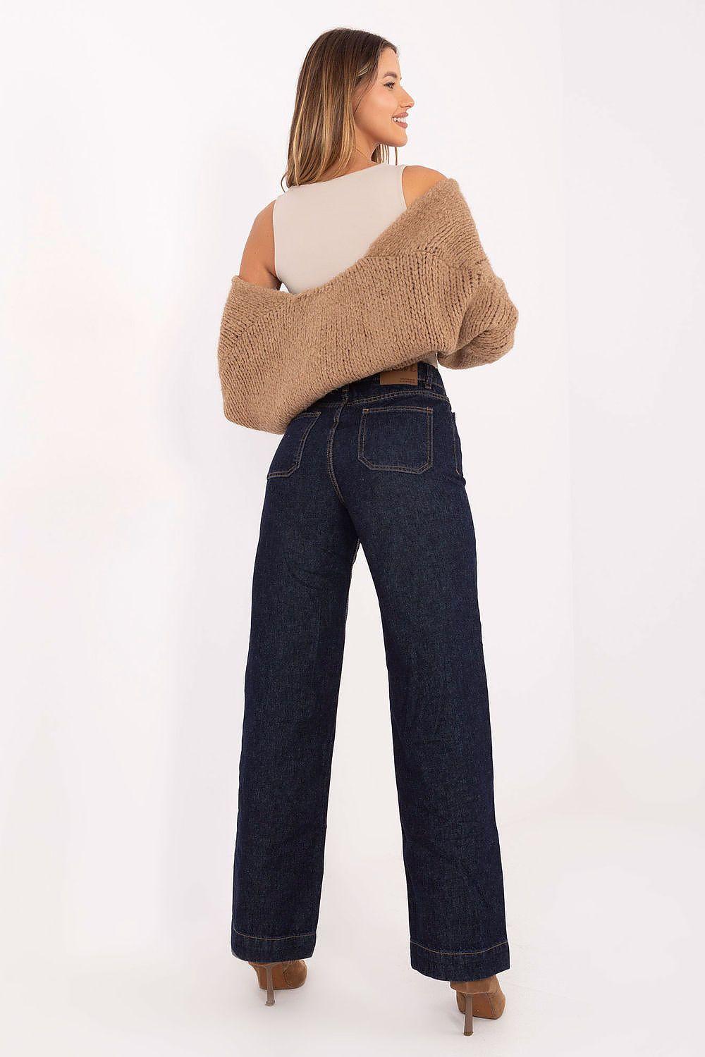 Navy blue jeans with relaxed straight legs and back pockets