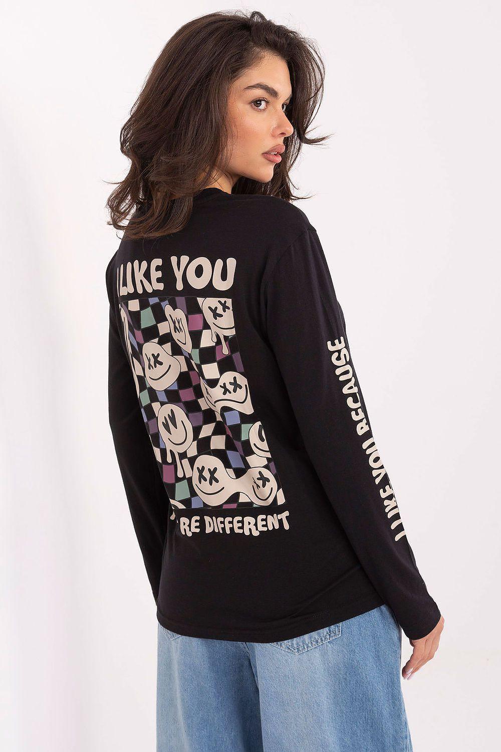 Black printed long-sleeve cotton blouse with back graphic and slogan text across the back.