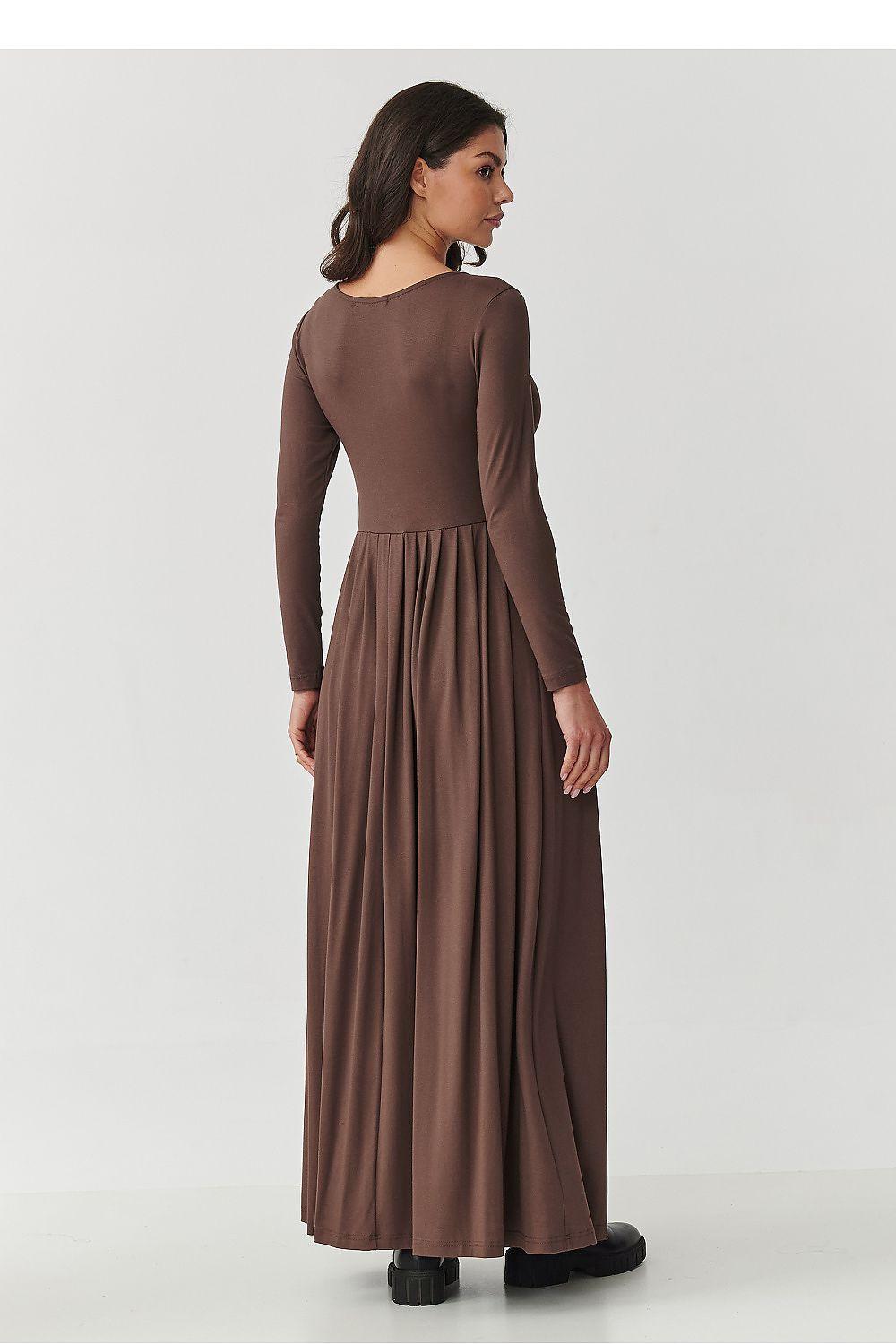Makadamia long-sleeve maxi daydress in brown, scoop neck, gathered skirt (back view)