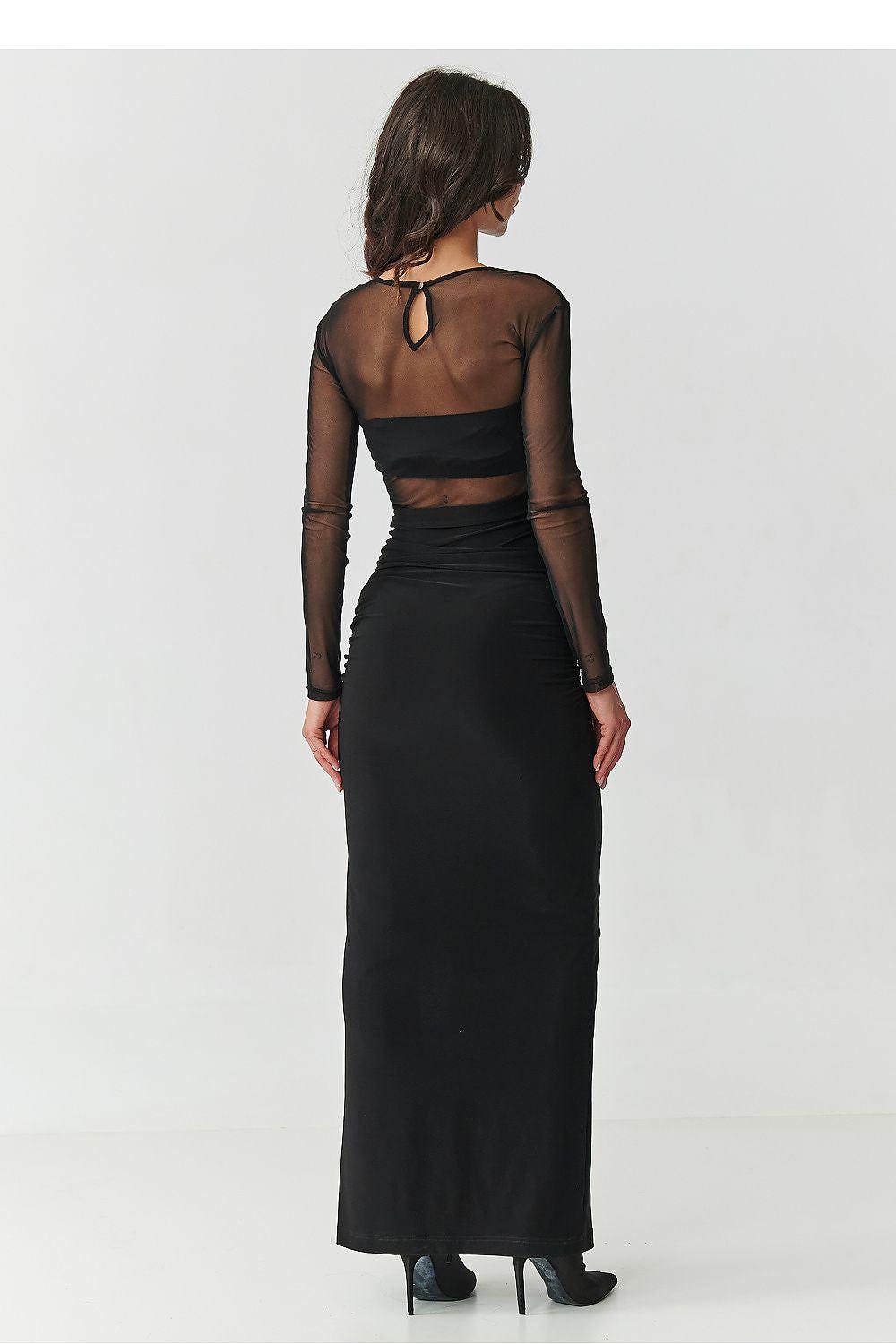 Black long fitted dress with sheer long back panels and side slit