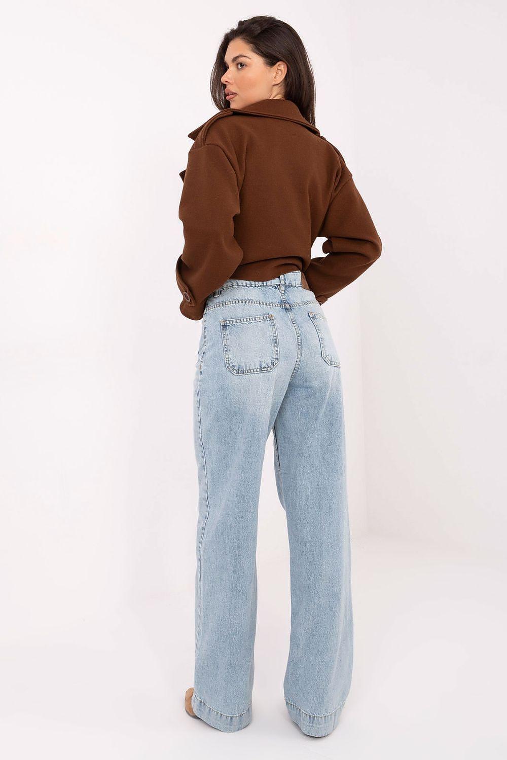 Light blue wide-leg jeans with stitched back yoke and button-fly, back view