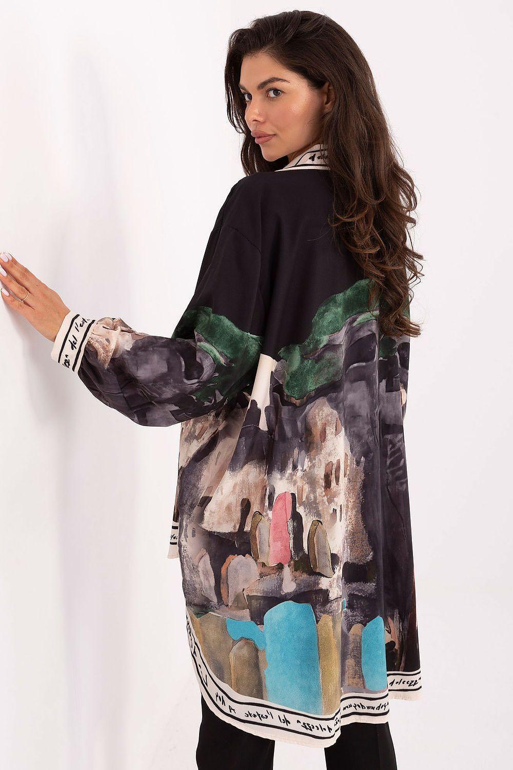 Long sleeve shirt with teal and multicolor abstract print, contrast white trim, long sleeves