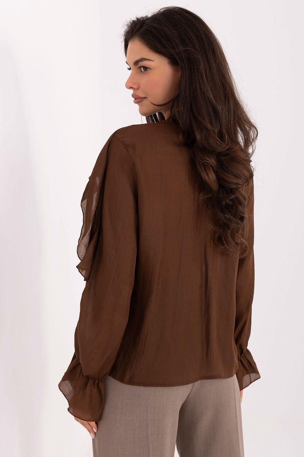 Brown long-sleeve ruffle shirt with back pleats and elastic cuff puff sleeves
