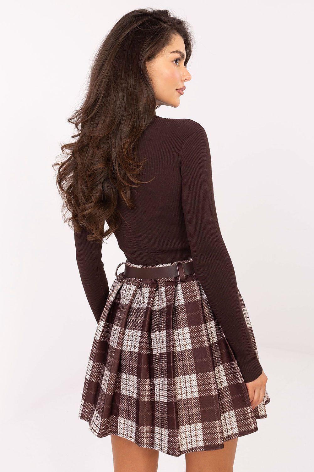 Brown plaid short skirt with pleated flare and dark belted waistband