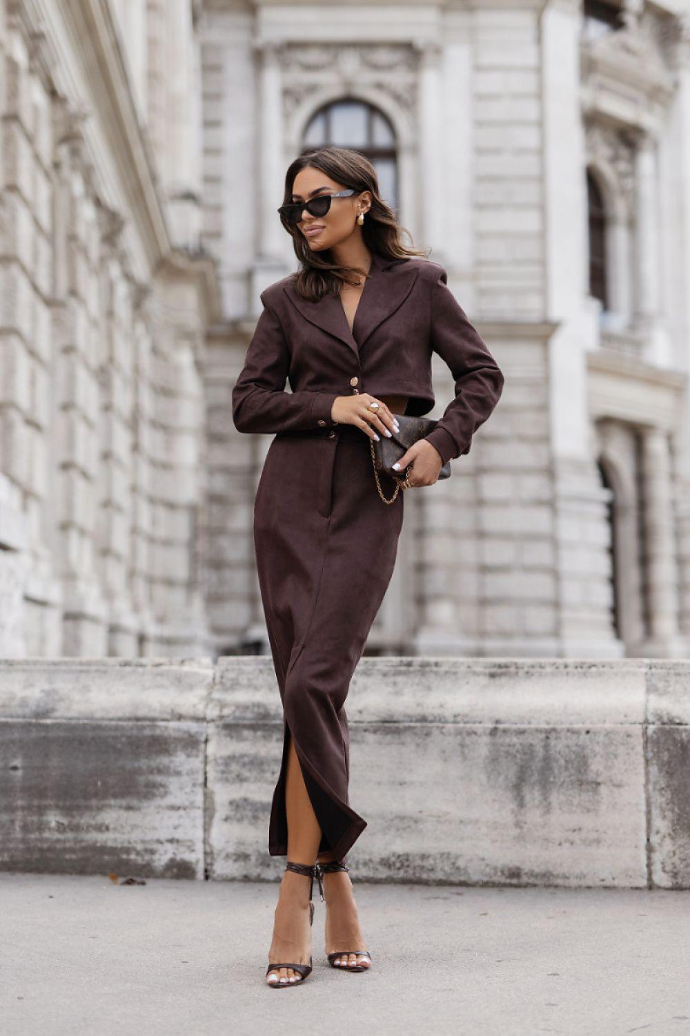 Brown skirt set with fitted button-front jacket and high-slit pencil skirt