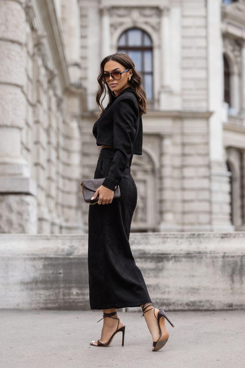 Women's blazer and midi pencil skirt set, black long sleeves with front buttons and slit