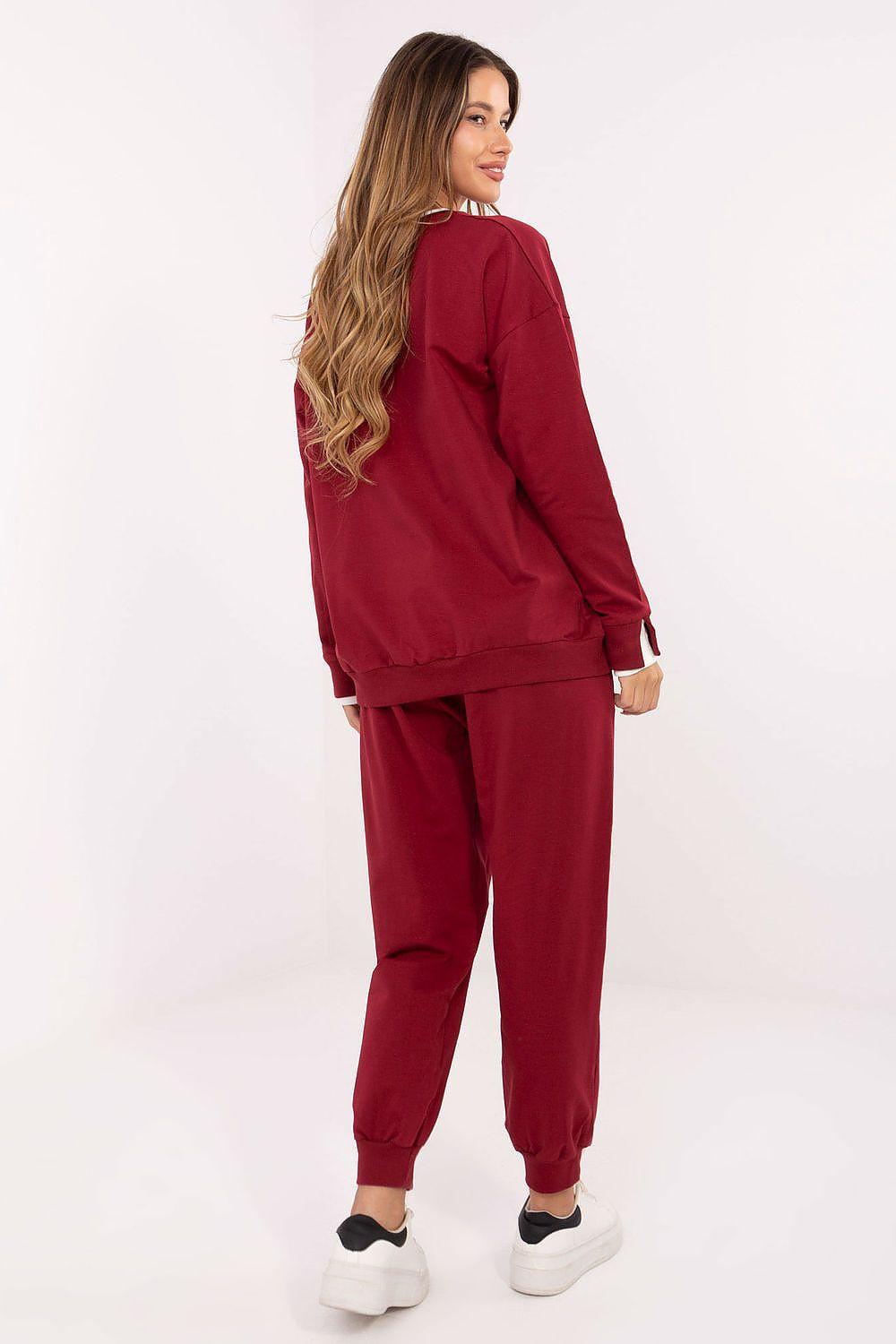 Red two-piece lounge set with crew-neck sweatshirt and joggers, back view