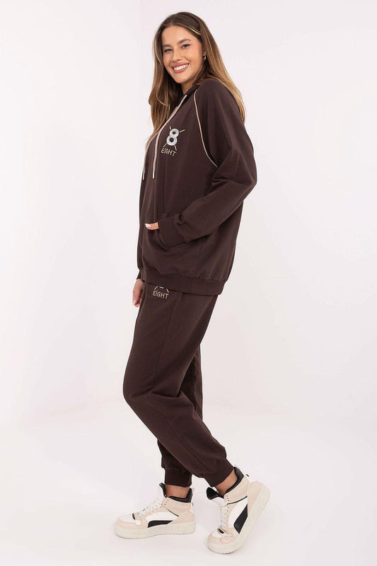 Brown embroidered hoodie and joggers tracksuit set, front side view with logo detail.