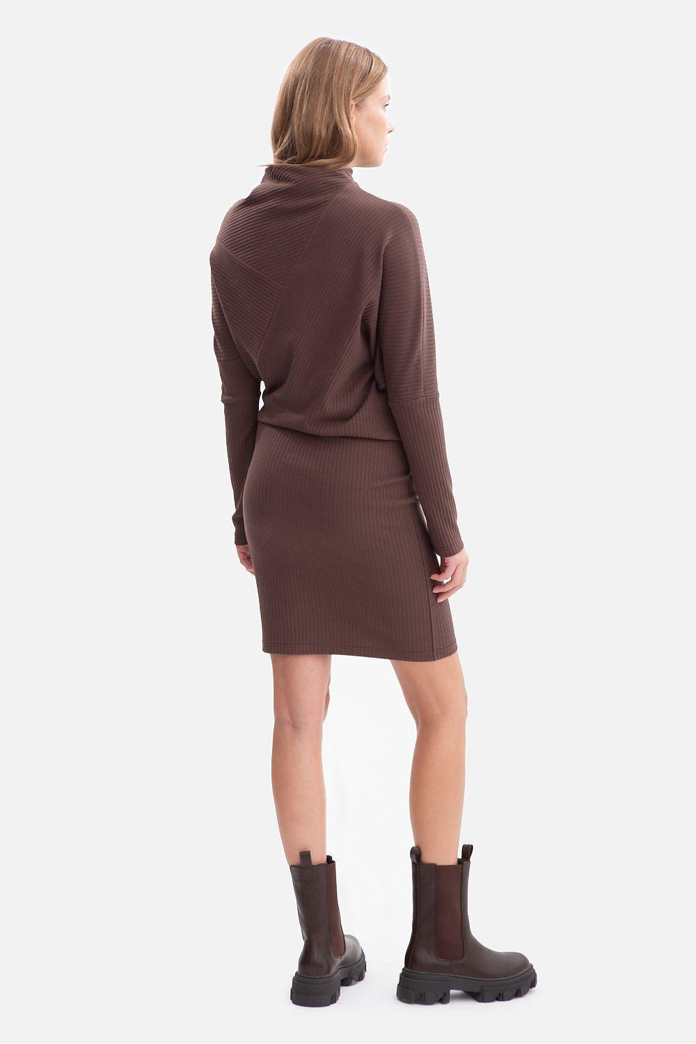 BeWear brown ribbed daydress, back view, long sleeves and high neck