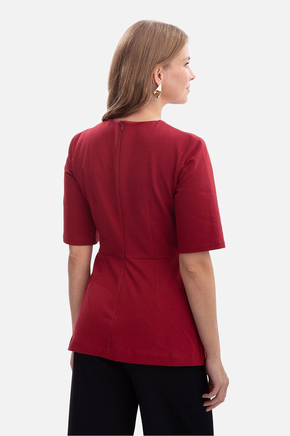 BeWear blouse in red with round back yoke and elbow-length sleeves, back view