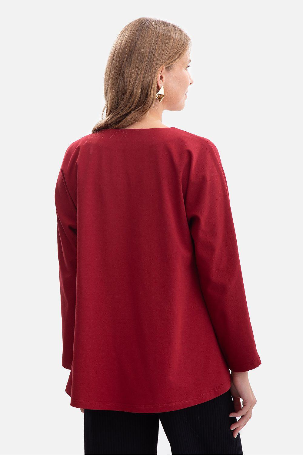 Red blouse with V-neck, long sleeves and relaxed fit, back view
