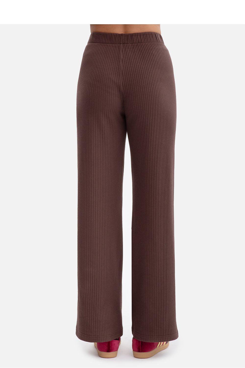 Women’s trousers BeWear in brown, back view with ribbed wide-leg silhouette and elastic waist.