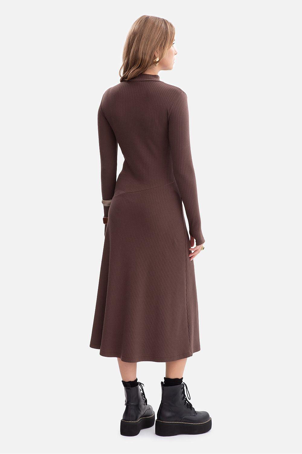 BeWear brown ribbed midi daydress, back view, long sleeves, high neckline