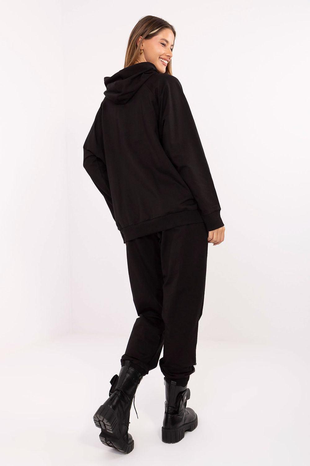 Black embroidered hoodie and joggers tracksuit set from back view, hooded sweatshirt and jogger cuffs