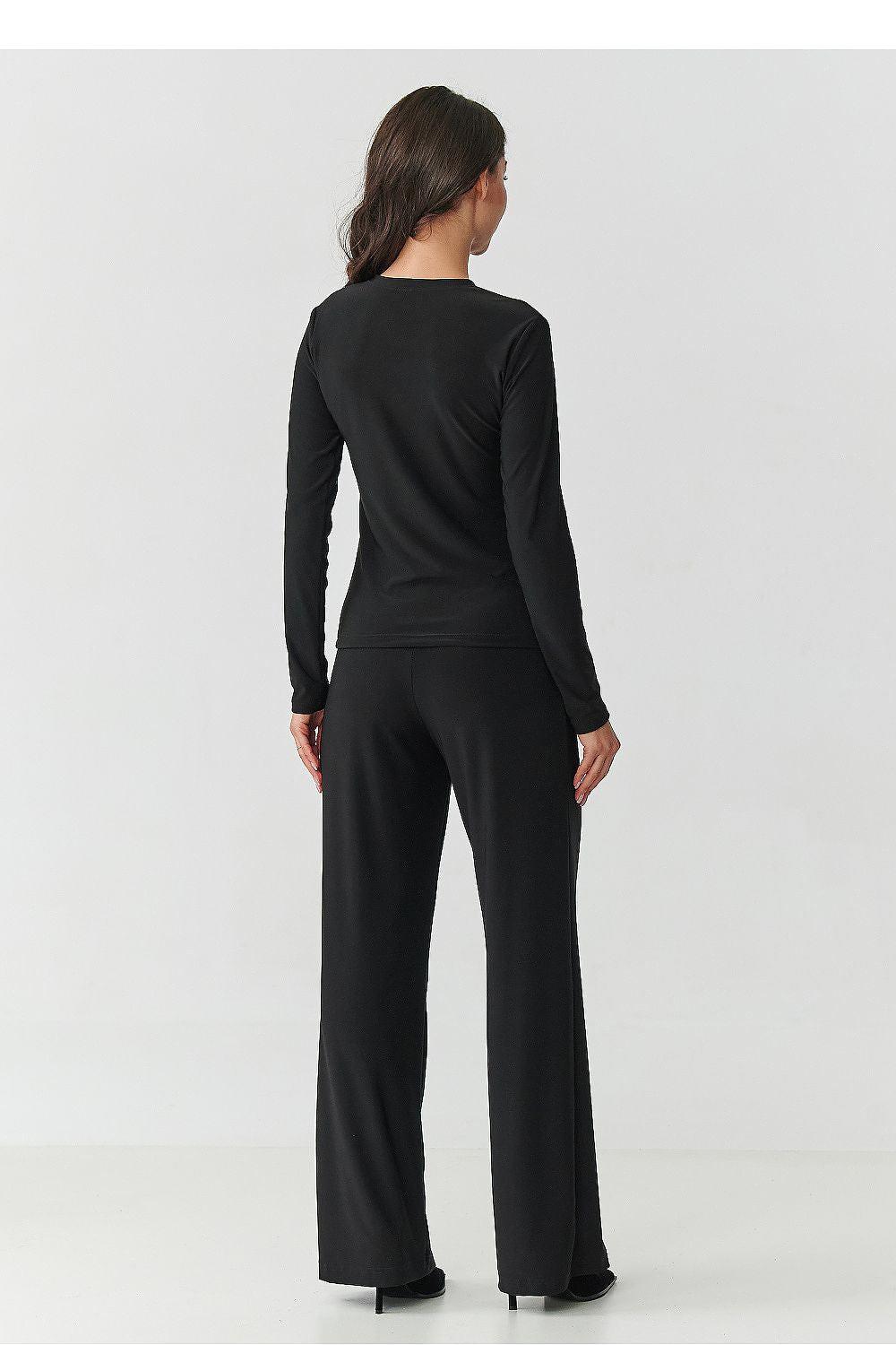 Black long-sleeve top and wide-leg trousers set, back view