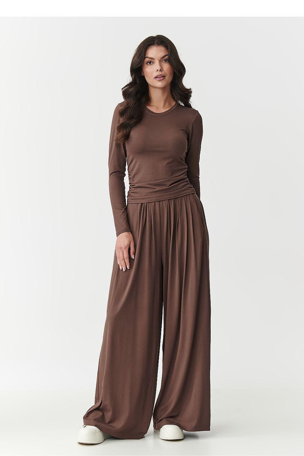 Brown viscose long-sleeve top and wide-leg pants set, draped waist