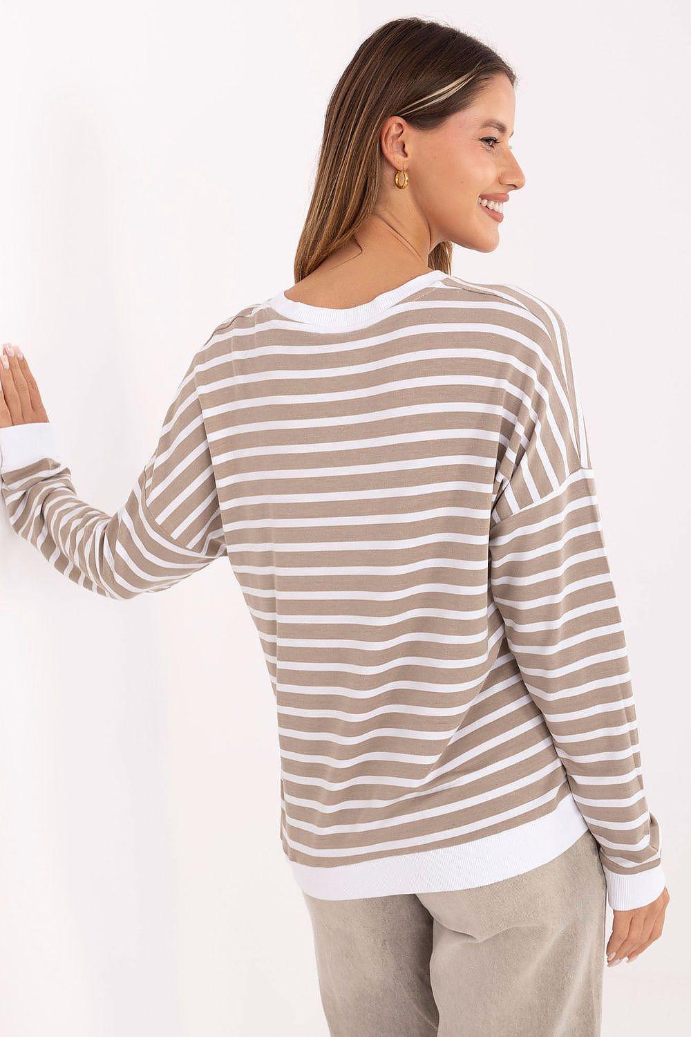 Striped blouse long sleeves side view, white and tan horizontal stripes, crew neck