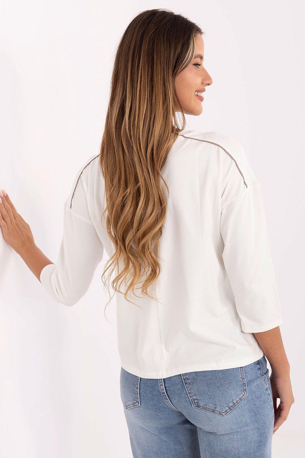 Relevance embroidered cotton blouse in white, crew neck, 3/4 sleeves, back view